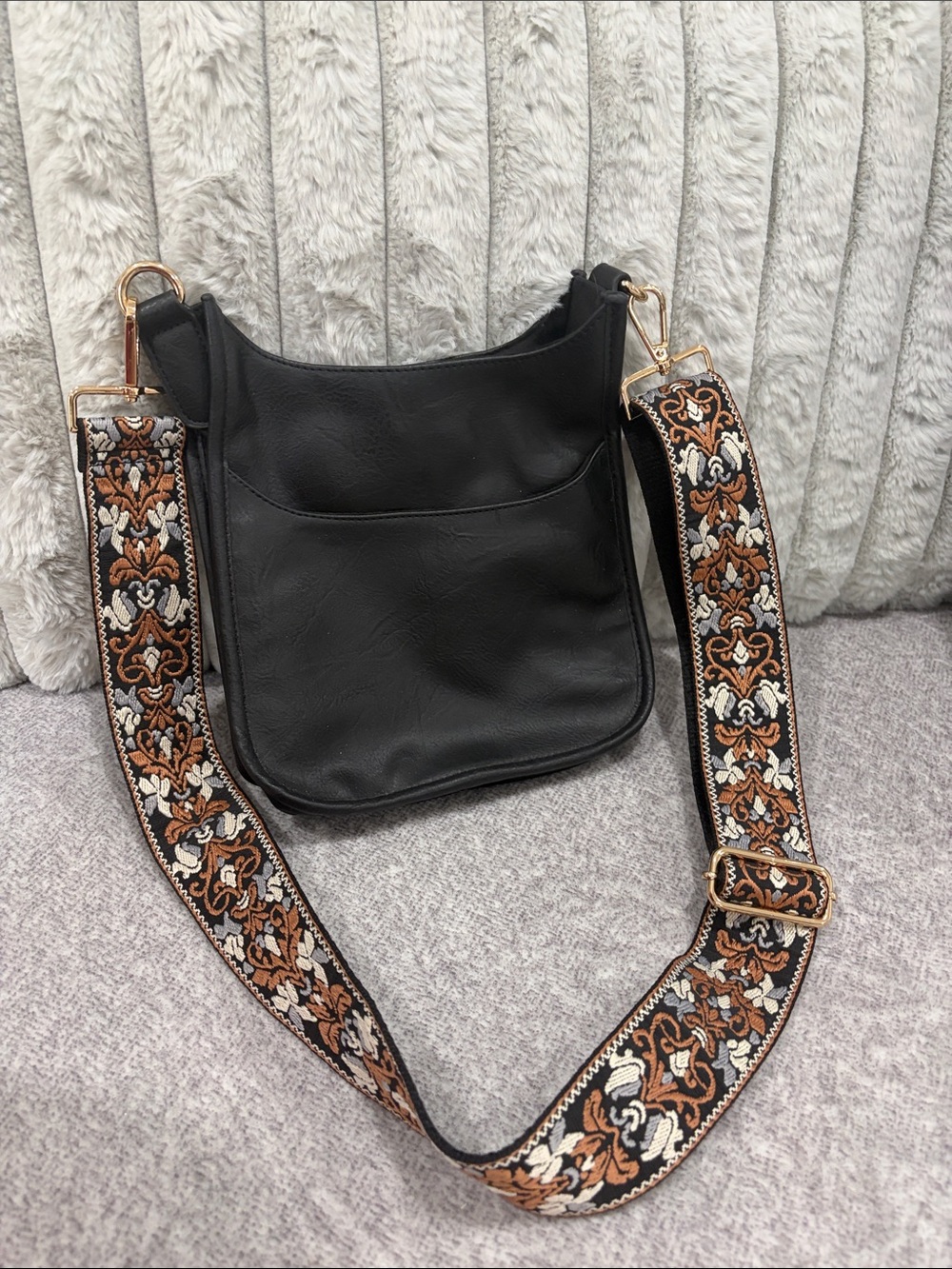 Ahdorned Black Crossbody Tote with Embroidered Brown Strap